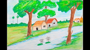 How To Draw A Village Scenery Step By Step Very Easy Easy Drawings Landscape Drawing Easy Landscape Drawings