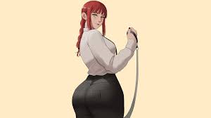 ass, gud0c, braids, redhead, smiling, looking at viewer, thick ass, Makima  (Chainsaw Man), Chainsaw Man, simple background, leash, yellow background,  yellow eyes, anime girls, minimalism | 2560x1440 Wallpaper - wallhaven.cc