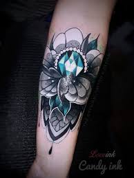 Black And White Gemstone Tattoo The Oryginal Tattoo Design Flower Peony Girly Diamond Crystal Lace Neo Traditional Dark Do Not Copy My D Trendy Tattoos Jewel Tattoo Girly Tattoos