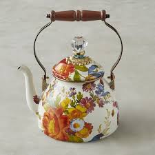 This cobalt blue floral cast iron teapot holds 34 ounces of your favorite blend. Mackenzie Childs Flower Market Tea Kettle Williams Sonoma