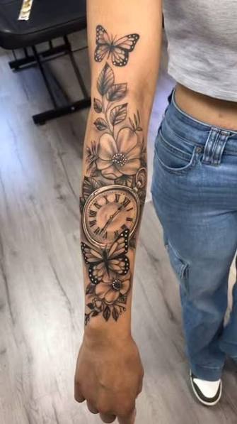 Loving Memory Feminine Rose And Clock Tattoo