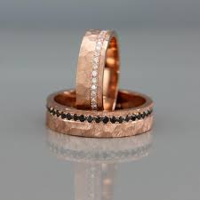 Black And Rose Gold Wedding Band Sets His And Hers Wedding Ring Set 14k Rose Gold Wedding Band Set With Dimoands In Rough Faceted Style Matching Wedding Rings Wedding Band Sets His Her Wedding Rings