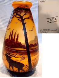 French Joma Painted 9 Art Glass Vase Southwest Decor W Moose Or Elk Mountain Scene Signed C1930 1935 Art Glass Vase Glass Art Mountain Scene