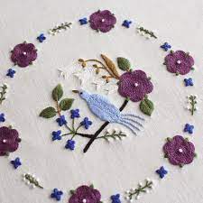 bird 刺繍とがま口 樋口愉美子 著より オリジナルの図案にリース状の模様を足し 6日間でできました こちらの図案を刺し終えた感想は オリジナルの図案 中心部分 を115 に拡大し その中のお花をリース状に配置しました 紫の花は中心のものより小さめに