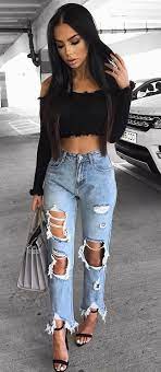 How To Style Distressed Jeans Black Crop Top Bag Heels Black Crop Top Outfit Crop Top Outfits Crop Top With Jeans