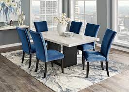 Logan upholstered dining chair is an updated interpretation of a classic dining chair. Cosmopolitan 7 Pc Dinette W White Marble Blue Chairs The Roomplace Blue Dining Room Decor Square Dining Room Dining Room Blue