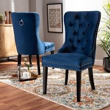 2pc Remy Velvet Upholstered Wood Dining Chair Set Blue Espresso Baxton Studio In 2020 Dining Room Blue Dining Chairs High Back Dining Chairs