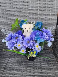 Child Grave Pot. Teddy Bear Blue Floral Memorial. Boy Memorial Faux Flowers 