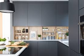 Stunning Modern Handleless Kitchen Mixing Dark Grey And Wood Effect Cabinets Pictured H Line Sutton In Gra Dark Grey Kitchen Kitchen Inspirations Grey Kitchen