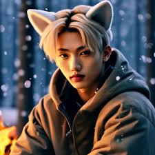 Lee Felix (Stray Kids) cute with cat ears,sequins, glitter, neon, sitting  by…" — image created in Shedevrum