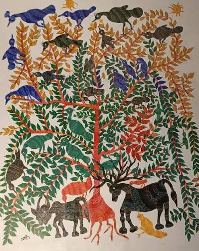 Beyond Traditions | Born in Jhabua, Madhya Pradesh, Ladobai's work incorporates iconic motifs of the Bhil tribe's ritual art that reflect the flora and fauna of her environment along with rituals and