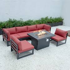 Check spelling or type a new query. Chelsea 7 Piece Patio Sectional And Fire Pit Table Black Aluminum With Cushions Red By Leisuremod