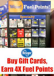 When buying third party gift cards, 4x fuel points can be worth up to 14% off gas which is a decent amount of savings if you can refuel to the 35 gallon limit. Expired Buy Gift Cards Earn 4x Kroger Fuel Points Freebies 4 Mom