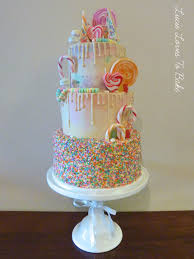 Vegan Sprinkle Rainbow Drip Cake Decorated With Sweets Lollipops And Chocolate Bark Wedding Cake Created By Lucie Loves To Ba Drip Cakes Cake Cake Decorating