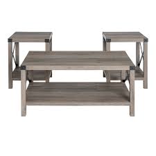 One coffee table, one end table, one side table. Farmhouse Fireplace Tv Stand With Coffee Table And 2 End Table Set In Gray Wash 2115475 Pkg
