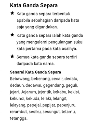 Menurut asraf (2012), kata ganda separa ialah kata ganda yang mengalami pengulangan suku kata pertama pada kata asalnya. Cikgu Hajar Kata Ganda Separa Facebook