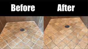 You can usually see the soap scum build up on the travertine shower floor and on the bottom of the vertical walls. How To Clean Travertine Showers Cleaning Transformation Clean With Confidence