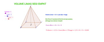 Penjumlahan semua sisi pada limas tersebut adalah cara untuk menghitung besar luas permukaan limas. Volume Limas Segi Empat Geogebra