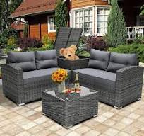 Rattan Patio Sofa Set, 4 Pieces Outdoor Sectional Furniture, All-Weather PE  Rattan Wicker Patio Conversation, Cushioned Sofa Set with Glass Table & ...