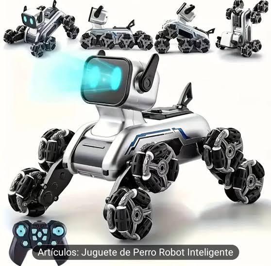 Robot Perrito de Acrobacias con Control Remoto. Tiene 8 ruedas  independientes que le permite adoptar varias posiciones, subir escaleras,  agacharse atrás y alante, etc. Además se mueve a alta velocidad y en