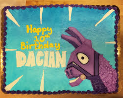 Fortnite Birthday Sheet Cake Ideas A Fortnite Themed Sheet Cake With A Blue Gradient Background Featuring The Purple Loot Llama Pinata Birthday Sheet Cakes Taco Bar Wedding Happy Birthday Boy
