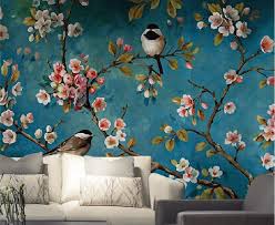 Wallpaper With Birds And Flowers For Walls Dark Blue Peach Tree Wallpaper Hand Painted Flying Birds And Etsy Wall Murals Tree Wallpaper Tree Wall Murals