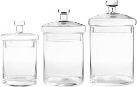 Each jar comes with a lid which is also made with a glass, the opening is large enough to fit a candy buffet; Clear Glass Apothecary Jar Canisters With Lids Set Of 3 Mygift