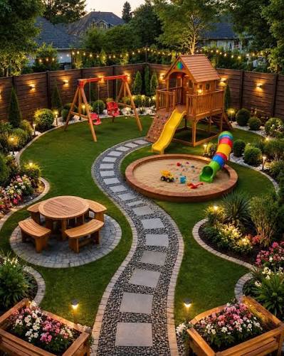 🌿 Transform your outdoor space into a dream paradise where beauty,  comfort, and fun come together. This stunning backyard playground design  blends modern landscaping, colorful gardens, and family-friendly recreation  to create the