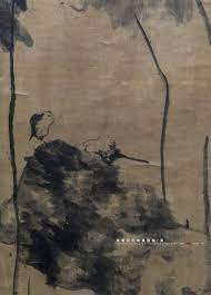 朱耷荷双禽图轴清天津博物馆藏lotus and two birds hanging scroll by zhu da 1626 705 tianjin museum 写意荷花奇石和小鸟简笔勾荷长线写梗若隐若现与石上下呼应