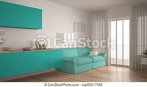 Free hd wallpaper, images & pictures of sofa kitchen, download photos of for your desktop. Scandinavian Kitchen With Sofa Wooden Parquet Floor White And Turquoise Minimalist Interior Design Canstock