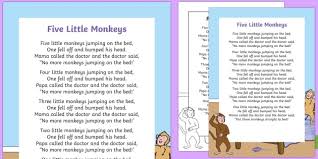 One 1 fell off and bumped his head. Five Little Monkeys Jumping On The Bed Nursery Rhyme Large Display Poster
