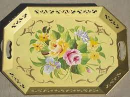 They measure 20 inches in diameter, and can be used either functionally as serving trays, or decoratively on a hutch or even, as some of … Vintage Tole Tray Flowers On Gold Hand Painted Pilgrim Art Metal Tray