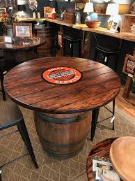This Is A Harley Davidson Wine Barrel Table I Made I Sanded Stained The Barrel And Added An Old Fashioned Bo Barrel Table Wine Barrel Table Home Bar Designs