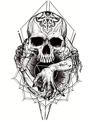 Black and Grey Halloween Skull Medium Temporary Tattoo Body Art Transfer No. 948