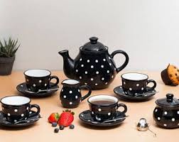 Black And White Teapot Set Black Ceramic Tea Cup Teacup And Saucer Handmade White Polka Dot Farmhouse Style Stoneware Pottery For Coffee Tea Lovers Christmas Gift Ceramic Tea Set Tea Pots Tea Set