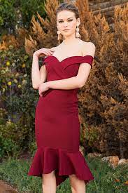 Asimetrik Etekli Dusuk Omuz Bordo Midi Abiye Elbise Elbise Elbise Modelleri The Dress