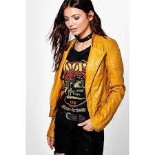 Boohoo Lottie Leather Look Biker Jacket 70 Liked On Polyvore Featuring Outerwear Jackets Mustard Faux Leather Womens Biker Jacket Biker Jacket Jackets