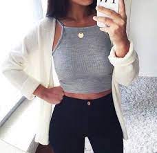 Stick with a basic crop top like a white crop top or black crop top for something that'll literally go with everything in your wardrobe. Grey Tumblr Tumblr Outfit Crop Tops Grey Crop Top Cardigan Jeans Outfit Body Goals Ropa Tumblr Outfits Casuales Y Moda