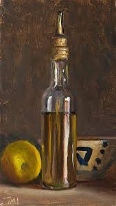 Daily Paintings Still Life With Olive Oil Bottle Lemon And Cup Postcard From Provence Bottle Painting Still Life Oil Painting Olive Oil Bottles