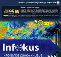 Bibit Siklon Tropis 95W terpantau berada di wilayah Laut Filipina, dengan  kecepatan angin maksimum 15 Knot (28 km/jam) dan tekanan udara minimum 1005  hPa., Potensi Bibit Siklon Tropis 95W berkembang ...
