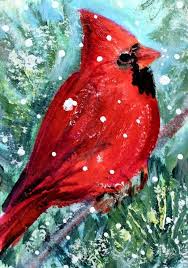 Bird With Red Neck Original Male Cardinal Aceo Painting Pine Winter Backyard Red Birds Kasheta Art Realism Birds Painting Bird Red Birds