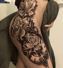 Roses Clock Face Hip Tattoos Women Thigh Tattoos Women Hip Thigh Tattoos