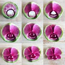 Step By Step Orchid Flower Carving This Kind Of Radish Is So Perfect For This Carving Howto Carve Stepby Food Carving Vegetable Carving Flower Carving