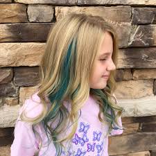 Little Girl With A Blue Streak In Her Hair Girl Hair Colors Kids Hair Color Hair Color Streaks