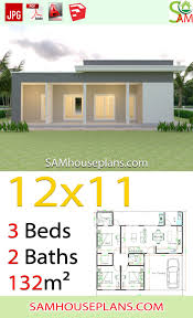 House, bedroom, kitchen, bathroom, living room, dining room, garden. House Plans 12x11 With 3 Bedrooms Slap Roof Samhouseplans