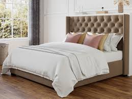 Lit double en tissu capitonné beige margot 140x190 cm. Lit Tissu Vente Unique