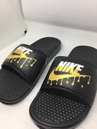 Black And Gold Nike Slides Womens For Womens Sizes Add 1 5 Sizes To The Size Shown Above Exp Size 8 In Mens Is A Size 9 5 In Womens Slides Shoes Nike Nike Slippers Nike Slides Mens