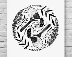 Art Nature Drawing Black And White Magpies Illustrated Art Print Folk Art Nature Drawing Botanical Style Art Black And White Decor Floral Ar Floral Prints Art Nature Art Drawings Drawing Prints