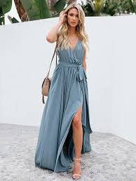 Solid Color Deep V Neck Split Side Maxi Dress Solid Color Maxi Dresses Maxi Knit Dress Maxi Dress