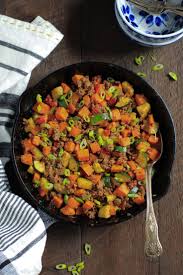 This Ground Beef Zucchini Or Squash But Dice Squash Cook With Sweet Potatoes I Added Another 1 4 Cup B Sweet Potato Skillet Beef Recipes Ground Beef Recipes